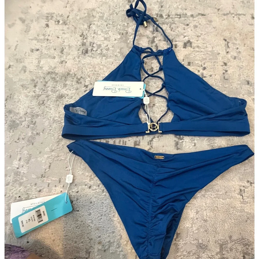 Beach Bunny Swimwear Basic Skimpy Bikini Set Royal Blue High Neck Lace Up XL